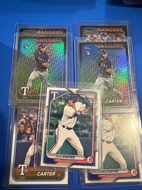 Topps Evan Carter Rangers Baseball Cards - Blue and Green Holographic Accents